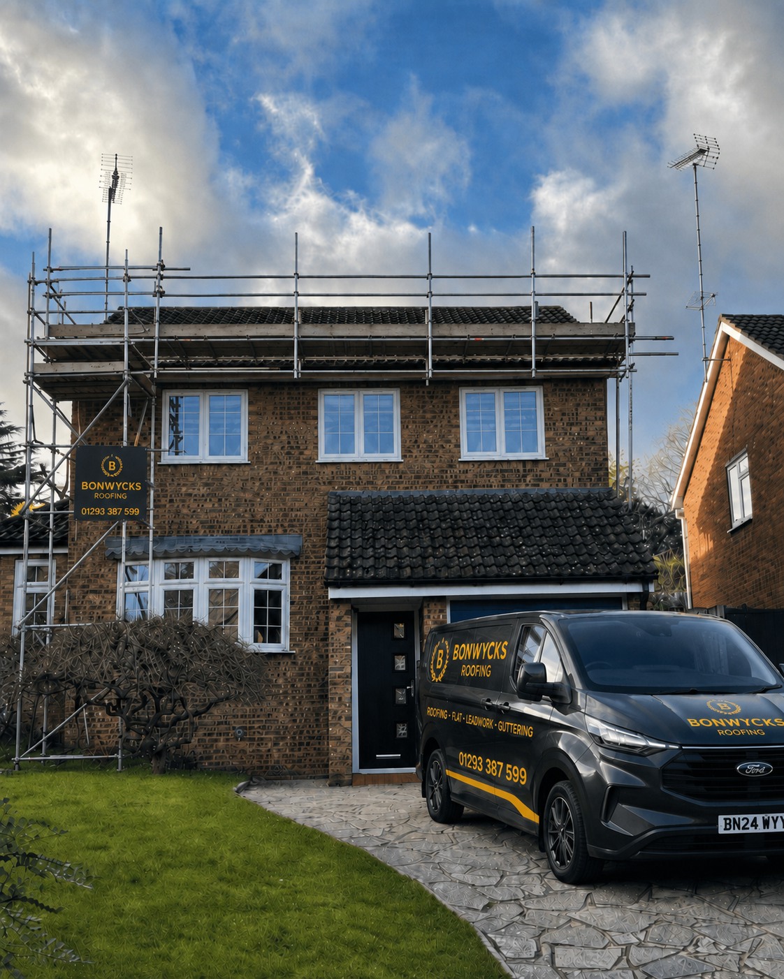 Bonwycks Roofing scaffolded house with branded van on the drive