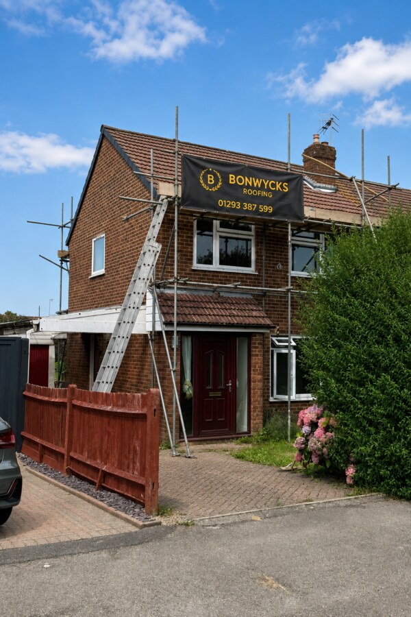 Scaffolded home with a Bonwycks Roofing site banner