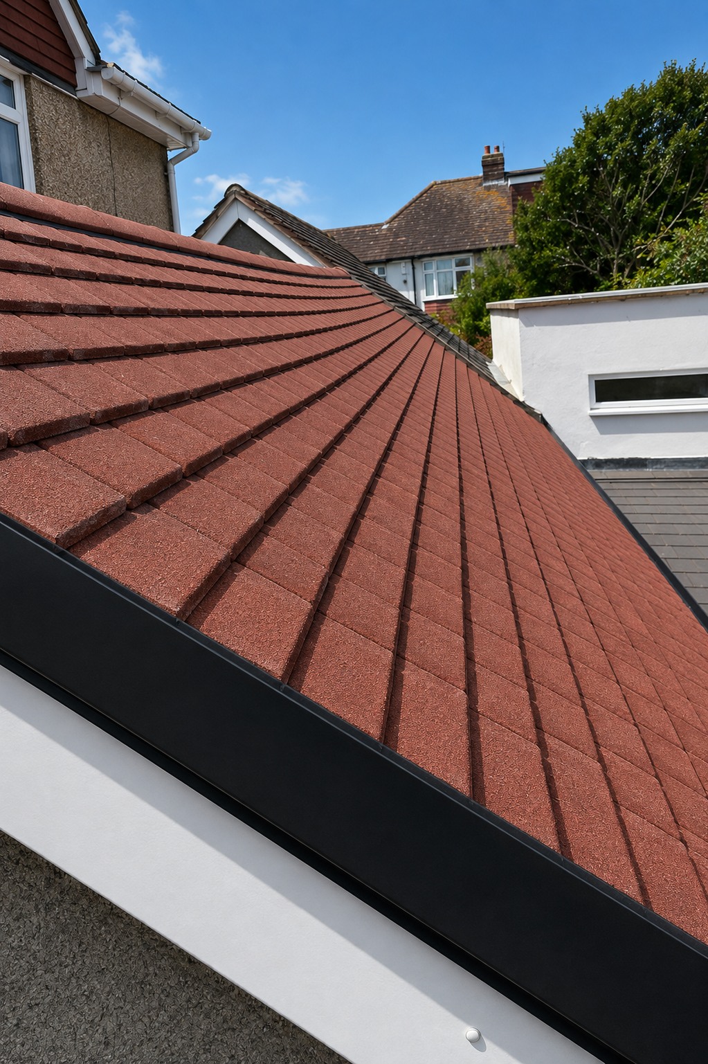 Clean finished tiled roof surface viewed at close range