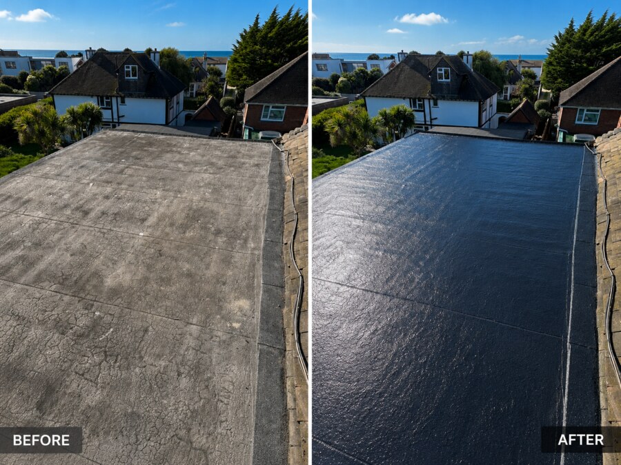 Before and after comparison of a worn flat roof and its new black waterproof covering