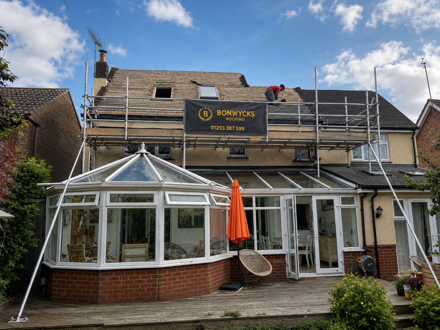 Bonwycks Roofing scaffolded rear elevation with roof works in progress